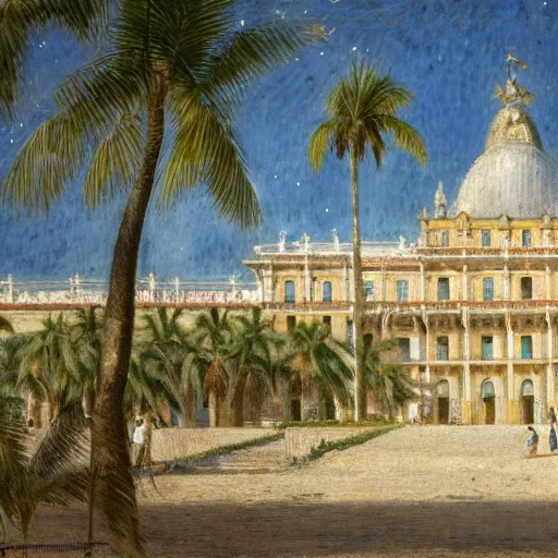 Image similar to a ultradetailed beautiful photo of the amazonas palace designed by jules bastien - lepage, hans belmer, frank weston and gustave baumann, beach, trending on artstation, mediterranean, palm trees, light sparkles, sharp focus, soft light, 8 k 4 k