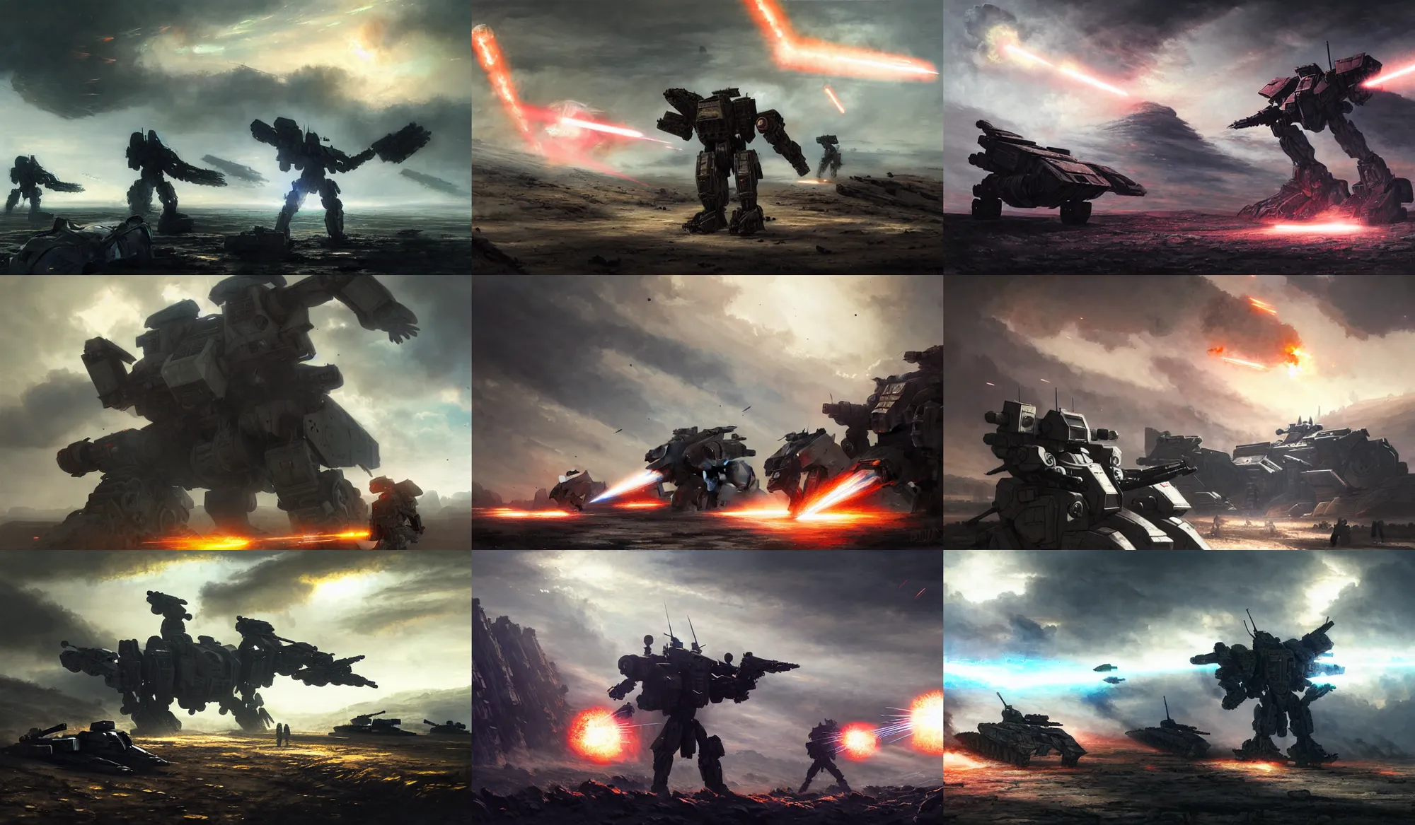 Image similar to an armored core on the ground, booster flares, legs, laser rifles, karst landscape, clouds, daylight ; detailed illustrations, pastel tones, deep colors, clear lines, motion blur, by jordan grimme, greg rutkowski