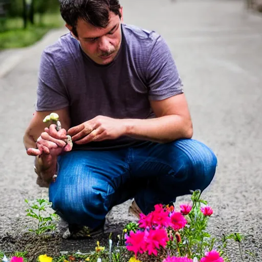 Prompt: a very confused man crouching down and inspecting a flower
