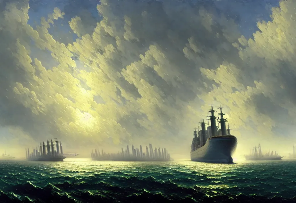 Image similar to enormous gigantic steel ship - shaped fortress - city sailing across an icy cold ocean. masterpiece, cinematic, hyperdetailed, photorealistic, hyperrealism, octane rendering, depth of field, bokeh, architecture, shadows, aerial view, art by ivan aivazovsky, geof darrow