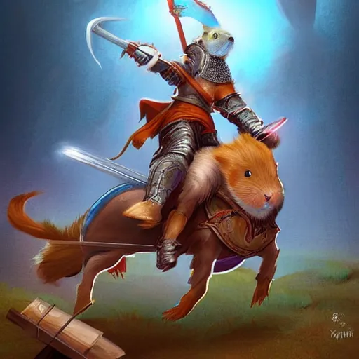 Image similar to hamster knight riding his trusty cat steed into battle, digital fantasy art, high resolution