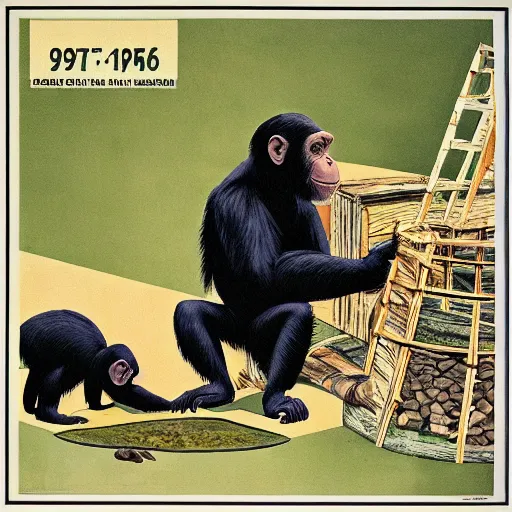 Prompt: A chimpanzee constructing a house, 1960s poster style