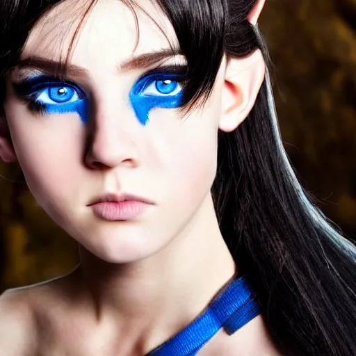 Image similar to young half - elf girl, black shoulder - length hair, blue eyes, cyborg