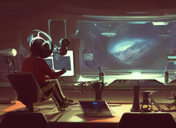 Prompt: a man sitting on a chair with things attached to his head, screens and monitors in front of him playing videos, ship interior, scifi, dramatic lighting, concept art, surreal