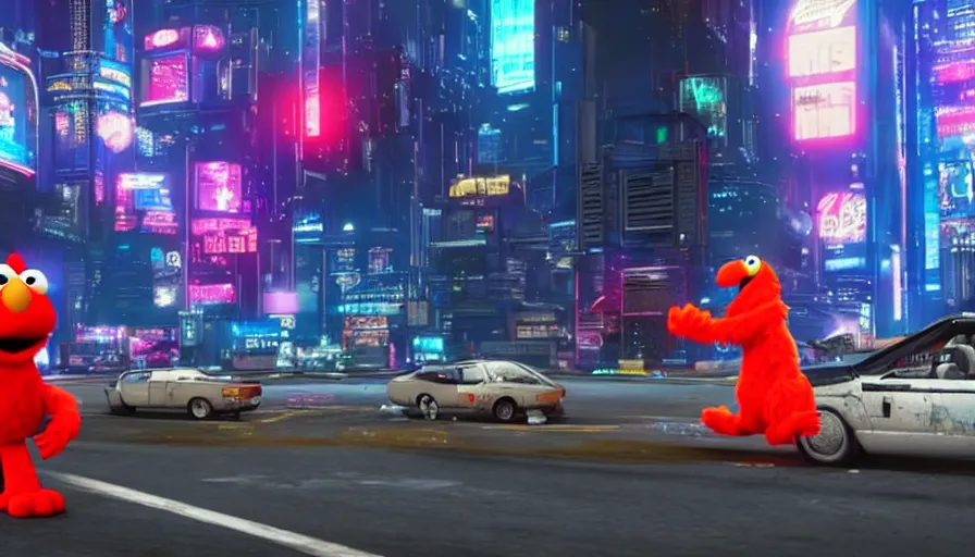Image similar to elmo performs a driveby in cyberpunk night city