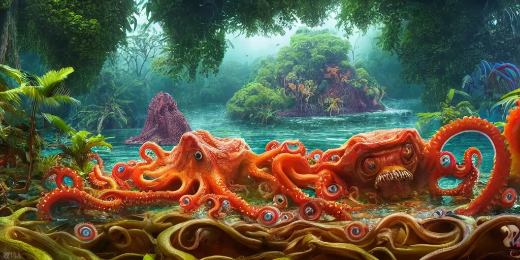 Image similar to of a tropical rainforest lake with strange cute friendly happy creatures with huge eyes, mouth, long tongue, round teeth and tentacles appearing from sandy coral, in the style of gehry and gaudi, macro lens, shallow depth of field, ultra detailed, digital painting, trending artstation, concept art, illustration, cinematic lighting, photorealism, epic, octane render