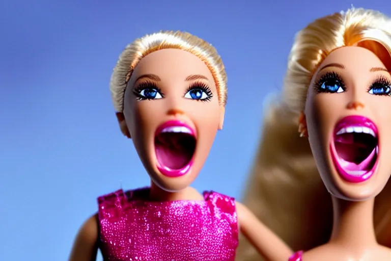 Image similar to Barbie screaming face is melting, night, high-resolution photo,