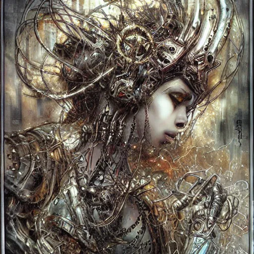 Image similar to blinded cybernetic demon dreaming, lsd, circuitry, intricate detail, royo,