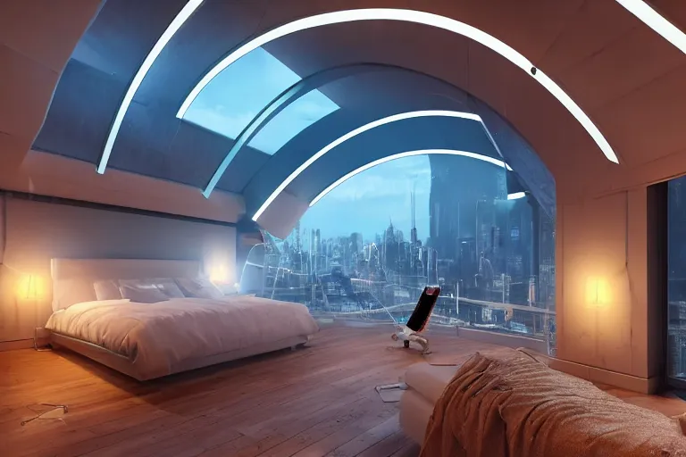 Image similar to a futuristic sparse bedroom with large curved ceiling high windows looking out to a far future cyberpunk cityscape, flying drones outside, night time, cyberpunk neon lights, raining