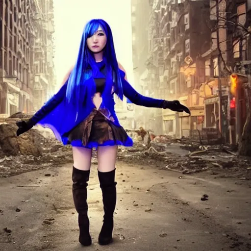 Prompt: stunning, breathtaking photo of an attractive young asian elf woman with pointy ears and blue hair, wearing a miniskirt and knee-high boots, crouching in an endlessly sprawling hazy abandoned city at night, 8K