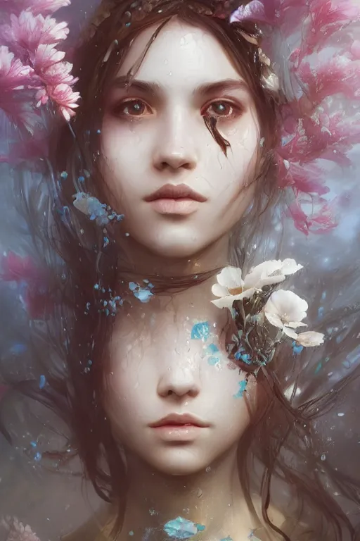 Prompt: face closeup a young beautiful girl drowned in water, underwater photography, water, 3 d render, hyper realistic detailed portrait, holding magic flowers, ruan jia, wlop. scifi, fantasy, hyper detailed, octane render, concept art, by peter mohrbacher, by wlop, by ruan jia