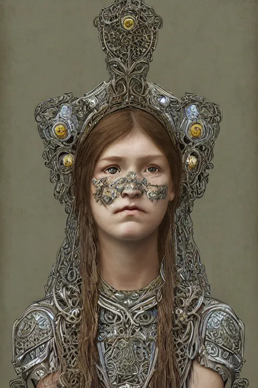 Image similar to a head and torso art nouveau portrait of a 16-year old sun goddess who resembles Anne of Green Gables with a worried, intense gaze and slightly opened mouth, ornate intricate mother-of-pearl battle armor, intricate, elegant, highly detailed, digital painting, artstation, concept art, smooth, sharp focus, illustration, art by John William Waterhouse and Bouguereau and Donato Giancola and alphonse mucha