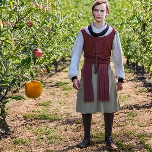 Image similar to portrait of a slender elven man, standing in an apple orchard, dressed in medieval clothes, very handsome, dungeons and dragons