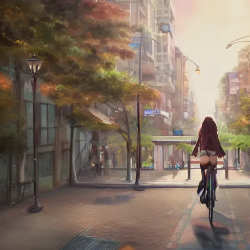 girl riding on bike through city, digital art, by ben | Stable ...