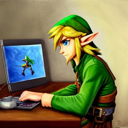 Image similar to link from zelda using computer, painting by by ralph grady james, jean christian biville