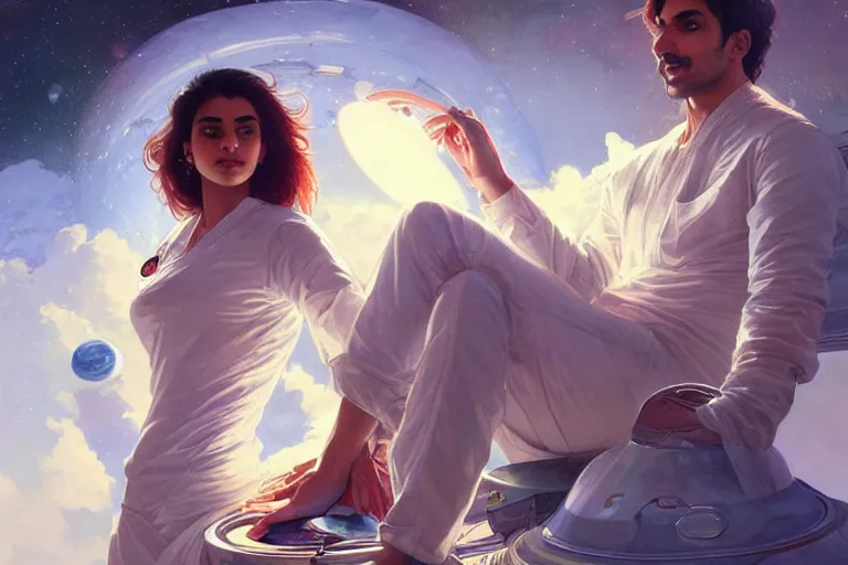 Image similar to Sensual good looking pale young Indian doctors wearing jeans in a space station above Earth, portrait, elegant, intricate, digital painting, artstation, concept art, smooth, sharp focus, illustration, art by artgerm and greg rutkowski and alphonse mucha