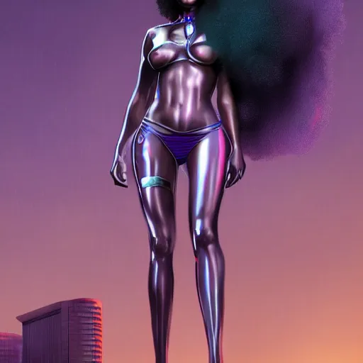 Prompt: cyberpunk black woman with afro hair, corcovado on the background, blue and purple digital art trending on artstation, atmospheric lighting, artgerm