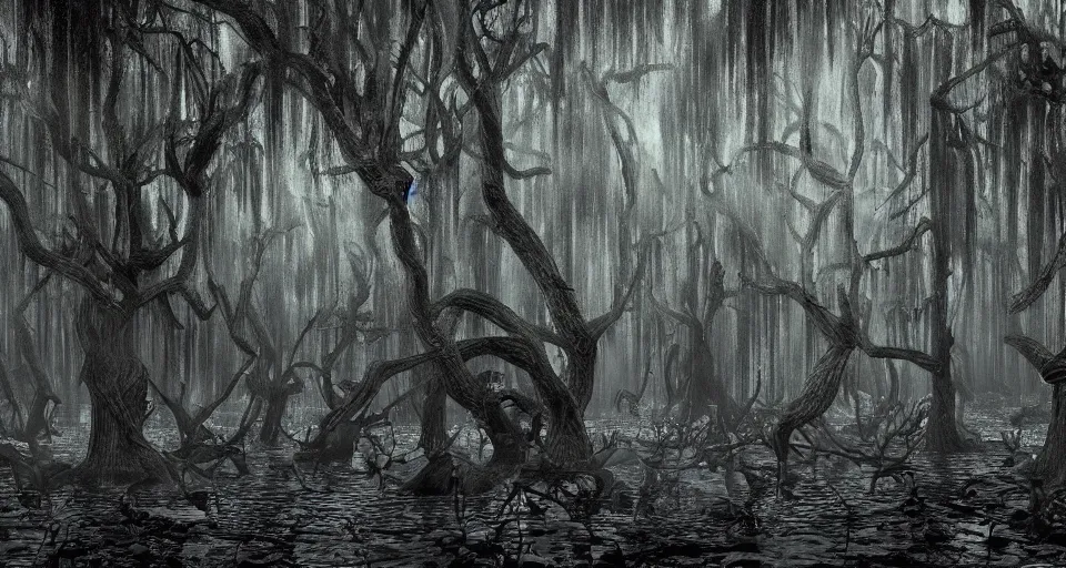 Image similar to A dense and dark enchanted forest with a swamp, by studio 4c