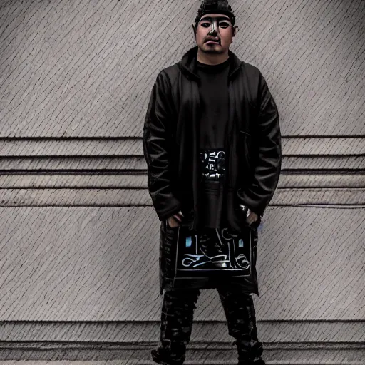 Image similar to a cyberpunk cholo wearing futuristic urban clothing full shot photographic portrait