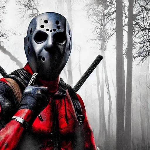 Image similar to jason voorhees fighting with deadpool in the woods digital art 4 k detailed super realistic