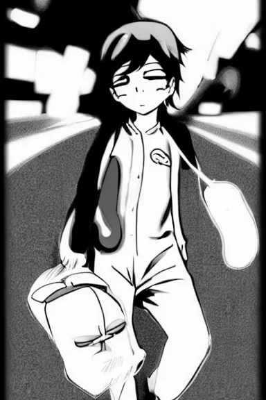 Image similar to attractive little boy wearing an bunny suit, black and white artwork in manga style, made by makoto shinkai