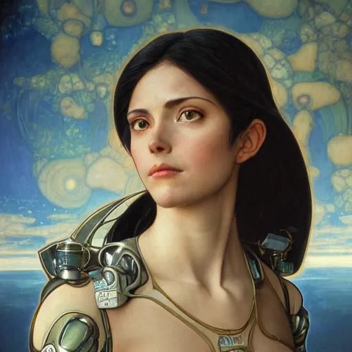 Image similar to Masterpiece portrait of battle angel Alita drawn by Donato Giancola and Tom Bagshaw, face by Artgerm and Edmund Leighton, Alphonse Mucha, background by James Jean and Gustav Klimt, 4k, robotic body, volumetric Lighting, porcelain skin, komorebi, french nouveau, trending on pixiv, octane render, hyperrealistic