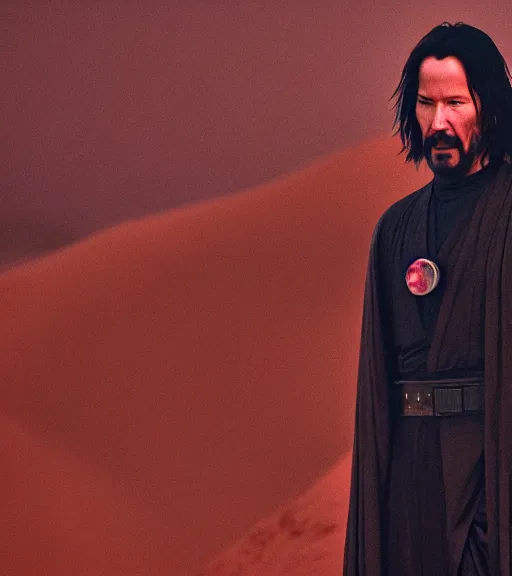 Prompt: keanu reeves as a jedi master, perfect symmetrical face, a red sand desert, full moon, moody lighting, 8 k, shallow depth of field, intricate detail,