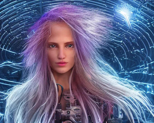 Image similar to glowing hair, complex cybernetic beings, beautiful hairy humanoids, cybermagnetosphere, cybernetic civilizations, ornate hair, love, joy, vortexes, large arrays, data holograms, 8 k, cinematic light shadows, wet hdr refractions, *, * * *, * * * * *