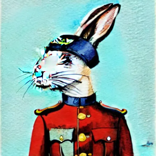 Image similar to water colour illustration of a rabbit wearing a ww1 uniform