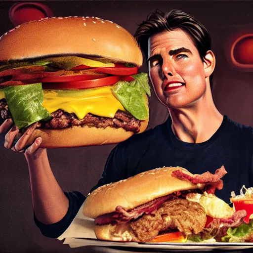 Image similar to portrait photography of Tom Cruise eating a giant hamburger, extra ketchup and mustard with overflowing bacon lettuce and tomato, cinematic lighting, highly detailed, digital painting, artstation, concept art, smooth, sharp focus, illustration, art by Terry Moore and Greg Rutkowski and Alphonse Mucha