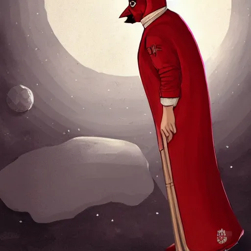 Prompt: a cardinal priest alone on the moon. artstation. digital art. high quality. painting. detailed clothes and background.