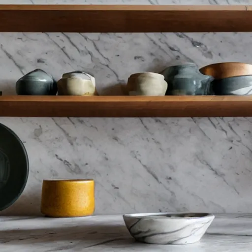 Prompt: ceramic bowl and plate on a marble shelf