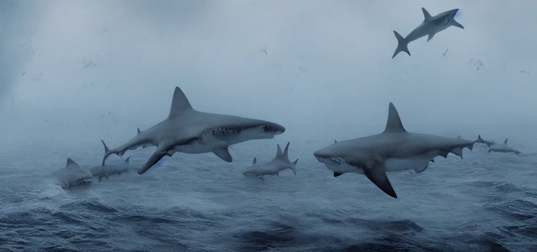 Image similar to a storm of sharks, foggy, cinematic shot, photo still from movie by denis villeneuve, wayne barlowe