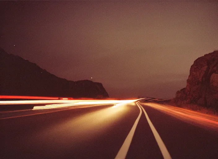 Prompt: pov headlights of a car illuminate a strange dark canyon road, it's the dead of night, in a distance the bright city lights glow, cinematic, cinestill