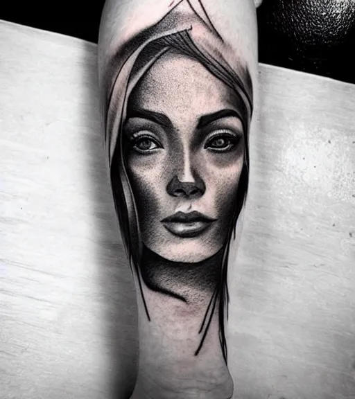 Image similar to amazing blend effect of beautiful mountain scenery with a beautiful woman face, tattoo design sketch, hyper - realistic, in the style of matteo pasqualin, amazing detail, black and white