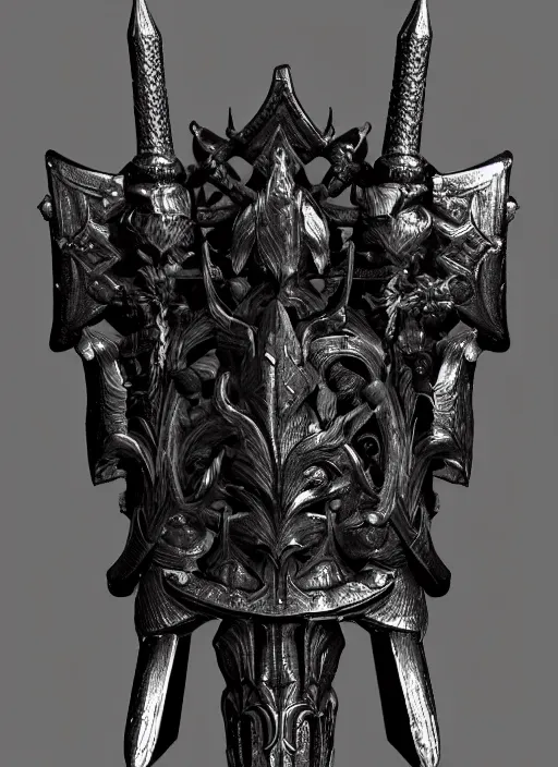 Image similar to a black long sword skull crest, orthographic, ornament, weapon, a 3 d render by dom qwek, front side views full, trending on polycount, artstation, hard surface modeling, rendered in maya, 3 ds max, blender, hd, vray, berserk