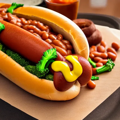 Prompt: commercial photo of a delicious hot dog, with baked beans, mustard, ketchup, broccoli and legos on top, detailed, uhd, 8k,