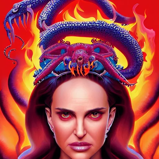 Image similar to queen of hell portrait of natalie portman, fire and flame, big long hell serpent octopus, Pixar style, by Tristan Eaton Stanley Artgerm and Wayne Barlowe and Tom Bagshaw and Boris Vallejo.