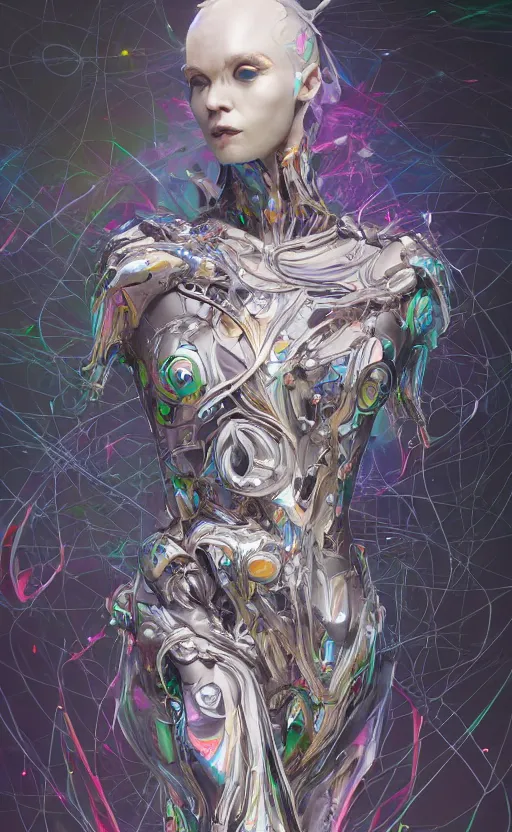 Image similar to hard surface form fused with organic form fashion outfit design, rainbow iridescent accents, full body frontal view, Peter mohrbacher, zaha hadid, tsutomu nihei, emil melmoth, zdzislaw belsinki, Craig Mullins, yoji shinkawa, trending on artstation, beautifully lit, hyper detailed, insane details, intricate, elite, ornate, elegant, luxury, CGsociety, hypermaximalist, golden ratio, octane render, weta digital, micro details, ray trace, 8k