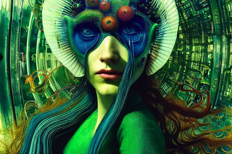 Prompt: realistic detailed photorealistic film portrait shot of a beautiful green haired woman in a crowded futuristic moscow street by Denis Villeneuve, Amano, Yves Tanguy, Alphonse Mucha, Ernst Haeckel, Andrei Tarkovsky, Edward Robert Hughes, Roger Dean, rich moody colours, wide angle, blue eyes