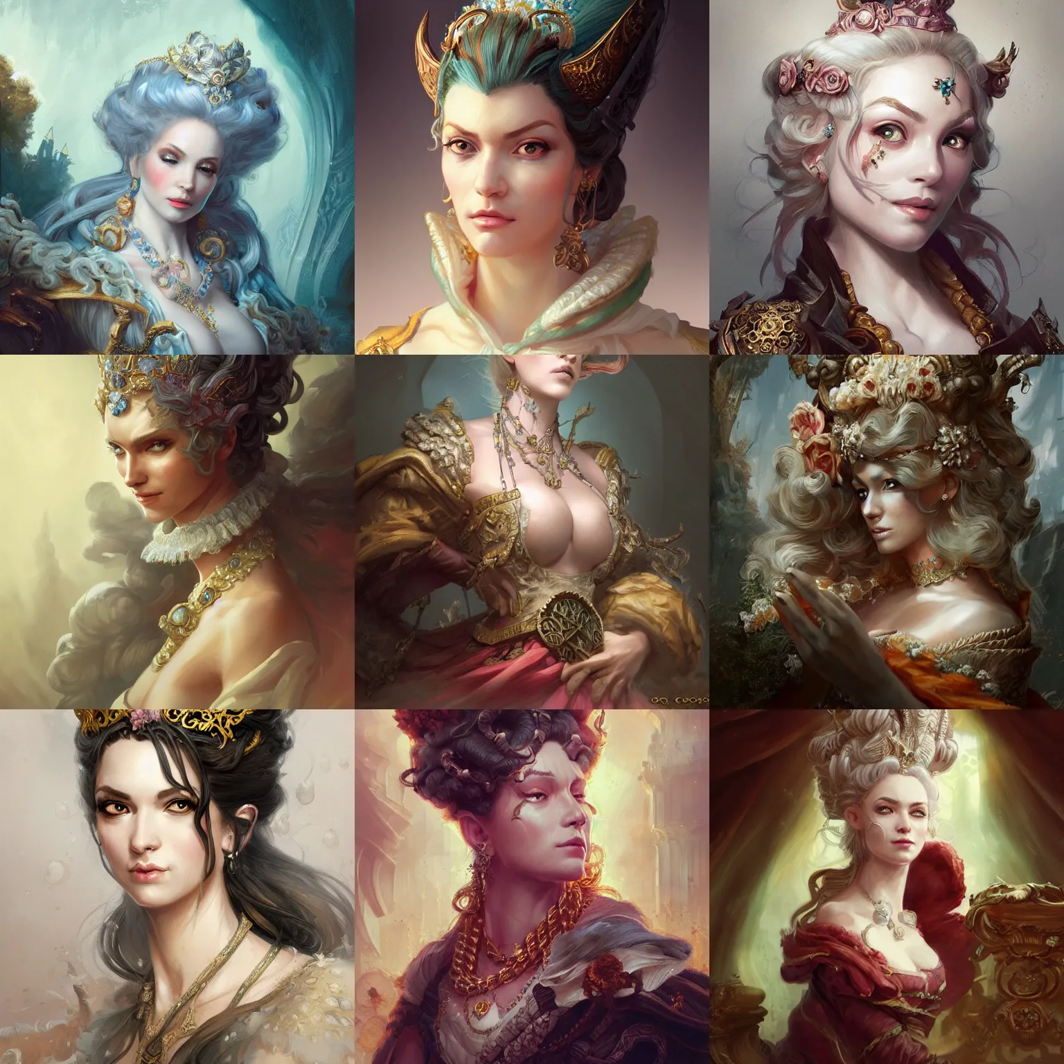 Prompt: rococo empress, D&D, fantasy, portrait, highly detailed, digital painting, trending on artstation, concept art, sharp focus, illustration, art by artgerm and greg rutkowski and magali villeneuve