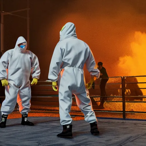 Image similar to wrestlers wearing hazmat suits backyard cage wrestling, hyper realism, cinematic, volumetric lighting, epic composition, high detail, octane render, unreal engine, ray tracing, apocalyptic, intricate complexity, extremely detailed, very sharp,