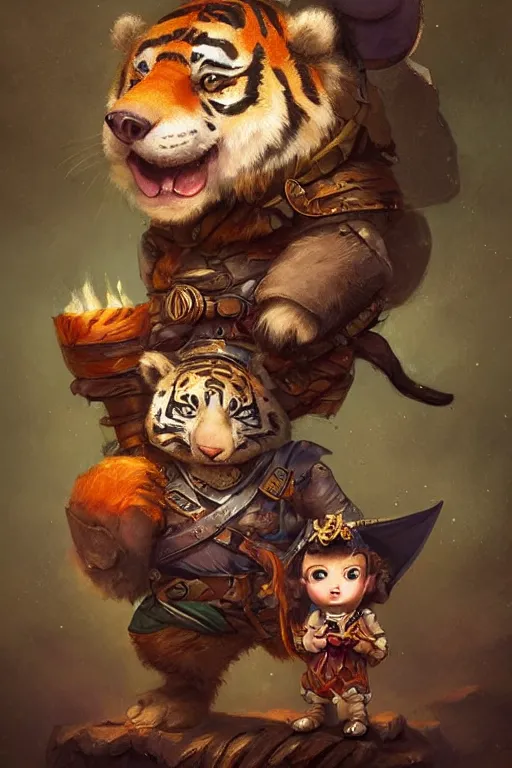 Prompt: migty bear wearing a cape, a gypsy riding a tiger, tiny, small, miniature , animal, short, adorable, pretty, beautiful, DnD character art portrait, matte fantasy painting, DeviantArt Artstation, by Jason Felix by Steve Argyle by Tyler Jacobson by Peter Mohrbacher, cinematic lighting