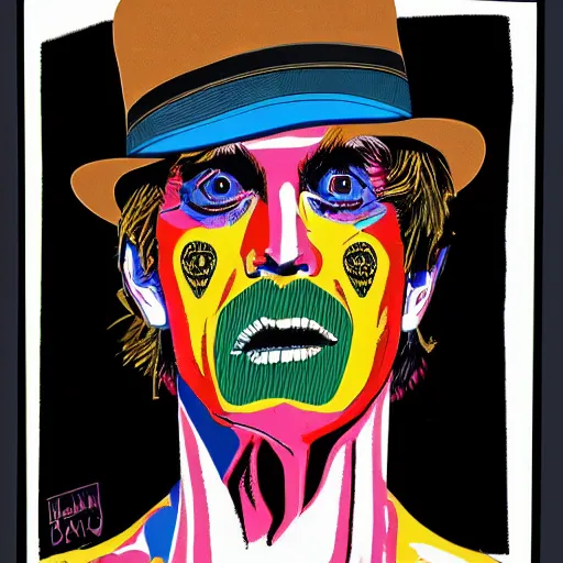 Prompt: a man with a hat, and a t - shirt with a rolling stones picture, carrying a guitar, then around it was written punk writing. pop art style images. symmetrical anatomy. without duplication of images. without repeating the same image. by mel ramos and hariton pushwagner