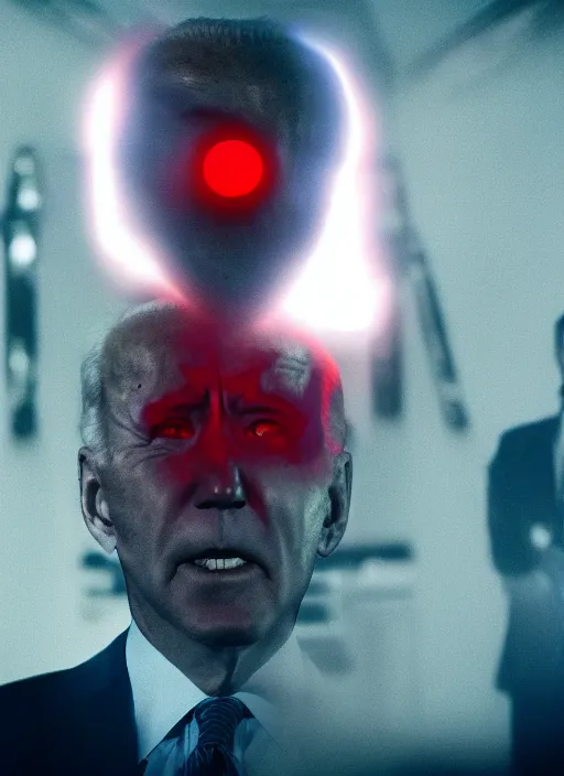 Image similar to hyper realistic ultra realistic vengeful photo furious glowing red eyes biden, high quality photo, detailed , 8k