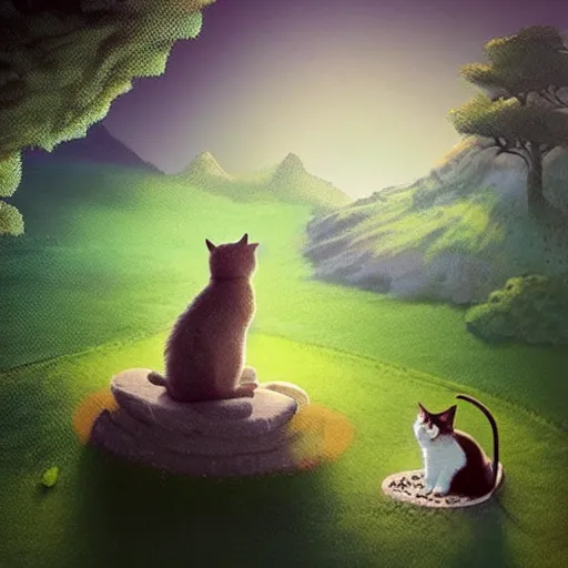 Image similar to a cat zen master meditating on hillside, next to a cute cat, concept art by chris labrooy, cgsociety, retrofuturism, sci - fi, concept art, futuristic