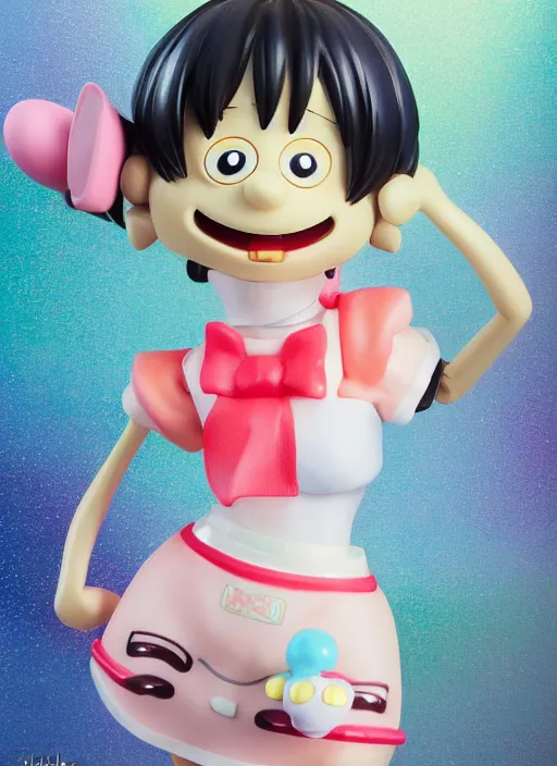 Prompt: a hyperrealistic Kotobukiya oil painting of a looney kawaii vocaloid figurine caricature with a big dumb goofy grin and pretty sparkling anime eyes featured on Wallace and Gromit by john kricfalusi