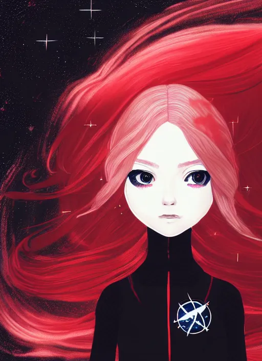 Prompt: highly detailed portrait of a hopeful pretty astronaut lady with a wavy blonde hair, by Kelly Sue Deconnick , 4k resolution, nier:automata inspired, bravely default inspired, vibrant but dreary but upflifting red, black and white color scheme!!! ((Space nebula background))