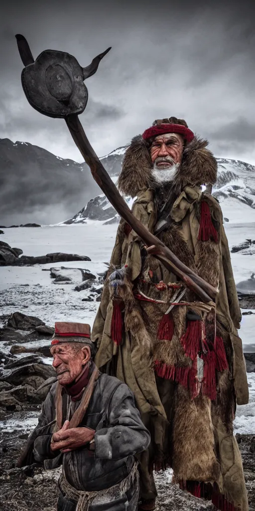 Image similar to Selknam man with corporal pain during the Hain Ceremony in Tierra Del Fuego in 1923, unreal 5, hyper realistic, realistic, photo realistic, dynamic lighting, highly detailed, cinematic landscape, studio landscape, studio lighting