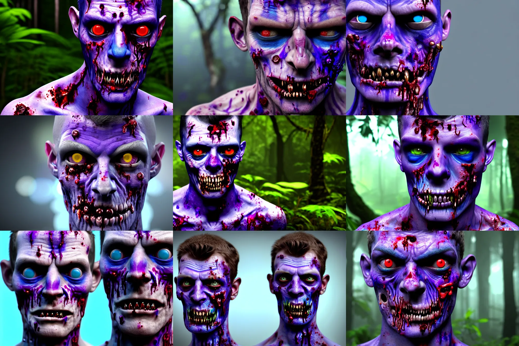 Prompt: zombified violet human with highly detailed blue and red jewels in his skin. neutral facial expression, no blood. head and shoulders'shot. background is an organic rainforest. digital art. 4 k octane render.